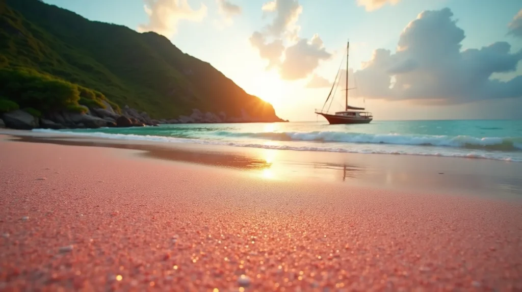 Pink sand beach at golden hour with a phinisi yacht anchored offshore, Komodo National Park
